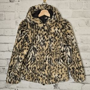 H&M Leopard Print Faux Fur Hooded Jacket Cozy Animal Print Coat Size 8